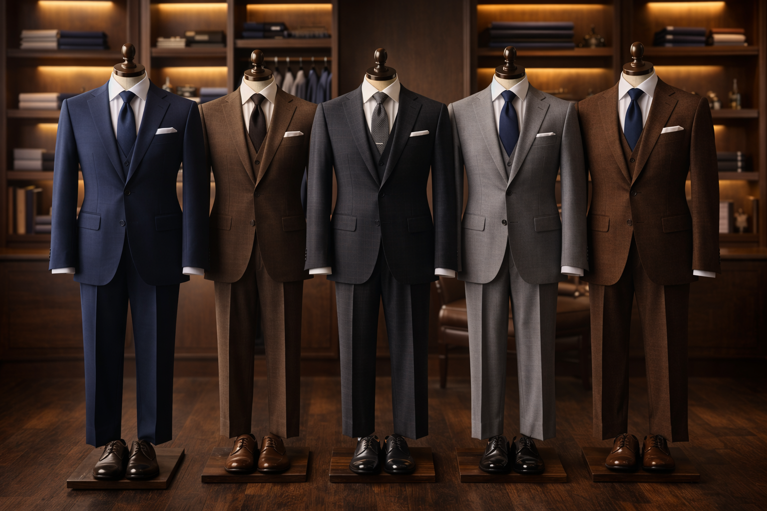 Premium stitched suits displayed in a tailoring studio